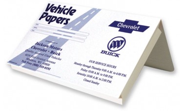 Custom Printed "Vehicle Papers" Expanded Car Dealer Glove Box Document Folders (2XFE)
