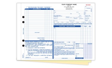 Automotive Repair Order Forms - 3-Part Carbonless - Custom Printed (Package of 250)