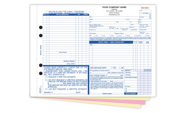 Automotive Repair Order Forms - 4-Part Carbonless - Custom Printed (Package of 250)