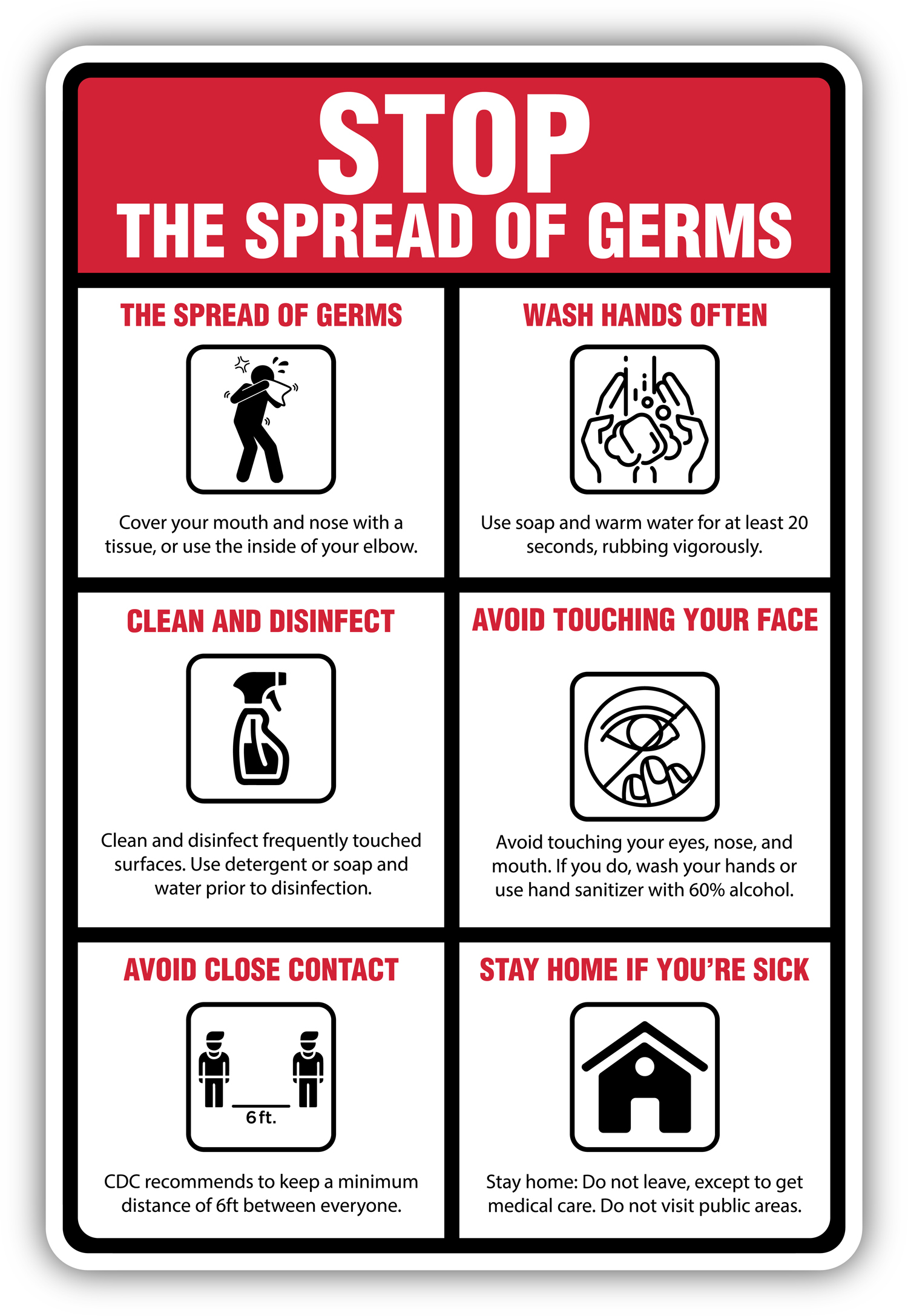 Stop the Spread of Germs - 12 x 18 COVID-19 Prevention Sign