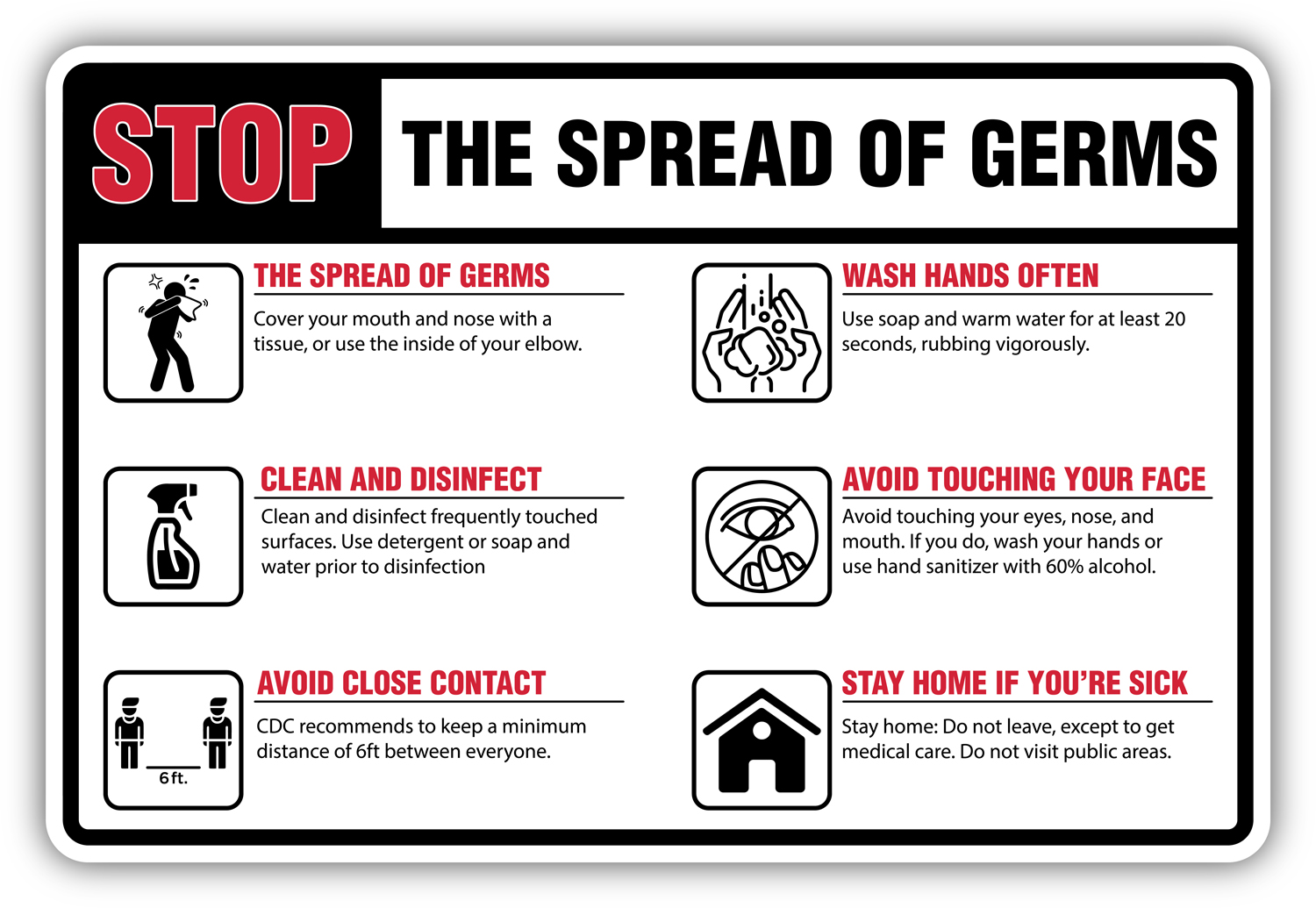 Stop the Spread of Germs - 12 x 18 COVID-19 Prevention Sign