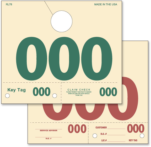 Manilla/Green/Red Box of 1000 RL78 Mirror Hang Tags Numbered 0000-0999 Service Dispatch Numbers 