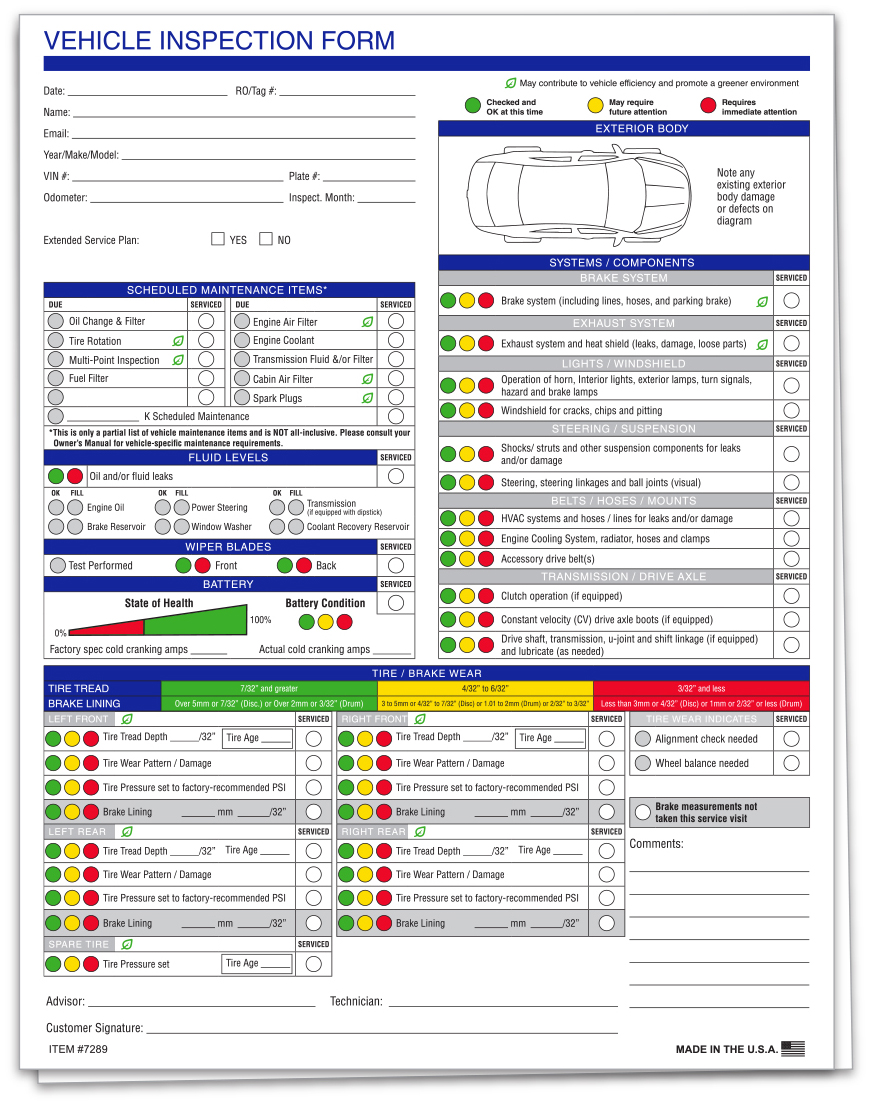 Vehicle Inspection Form - Stock (Package of 250)